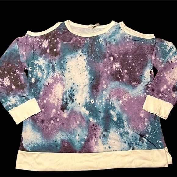 Boutique honey me brand celestial galaxy purple blue white open shoulder top m/L - Picture 1 of 3